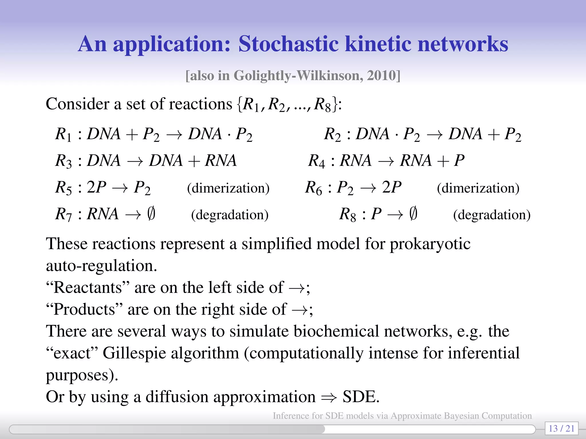 An application: Stochastic kinetic networks [also in Golightly-Wilkinson, 2010] Consider a set of reactions {R1, R2, ..., R8}: R1 : DNA + P2 → DNA · P2 R2 : DNA · P2 → DNA + P2 R3 : DNA → DNA + RNA R4 : RNA → RNA + P R5 : 2P → P2 (dimerization) R6 : P2 → 2P (dimerization) R7 : RNA → ∅ (degradation) R8 : P → ∅ (degradation) These reactions represent a simpliﬁed model for prokaryotic auto-regulation. “Reactants” are on the left side of →; “Products” are on the right side of →; There are several ways to simulate biochemical networks, e.g. the “exact” Gillespie algorithm (computationally intense for inferential purposes). Or by using a diffusion approximation ⇒ SDE. 13 / 21 Inference for SDE models via Approximate Bayesian Computation 