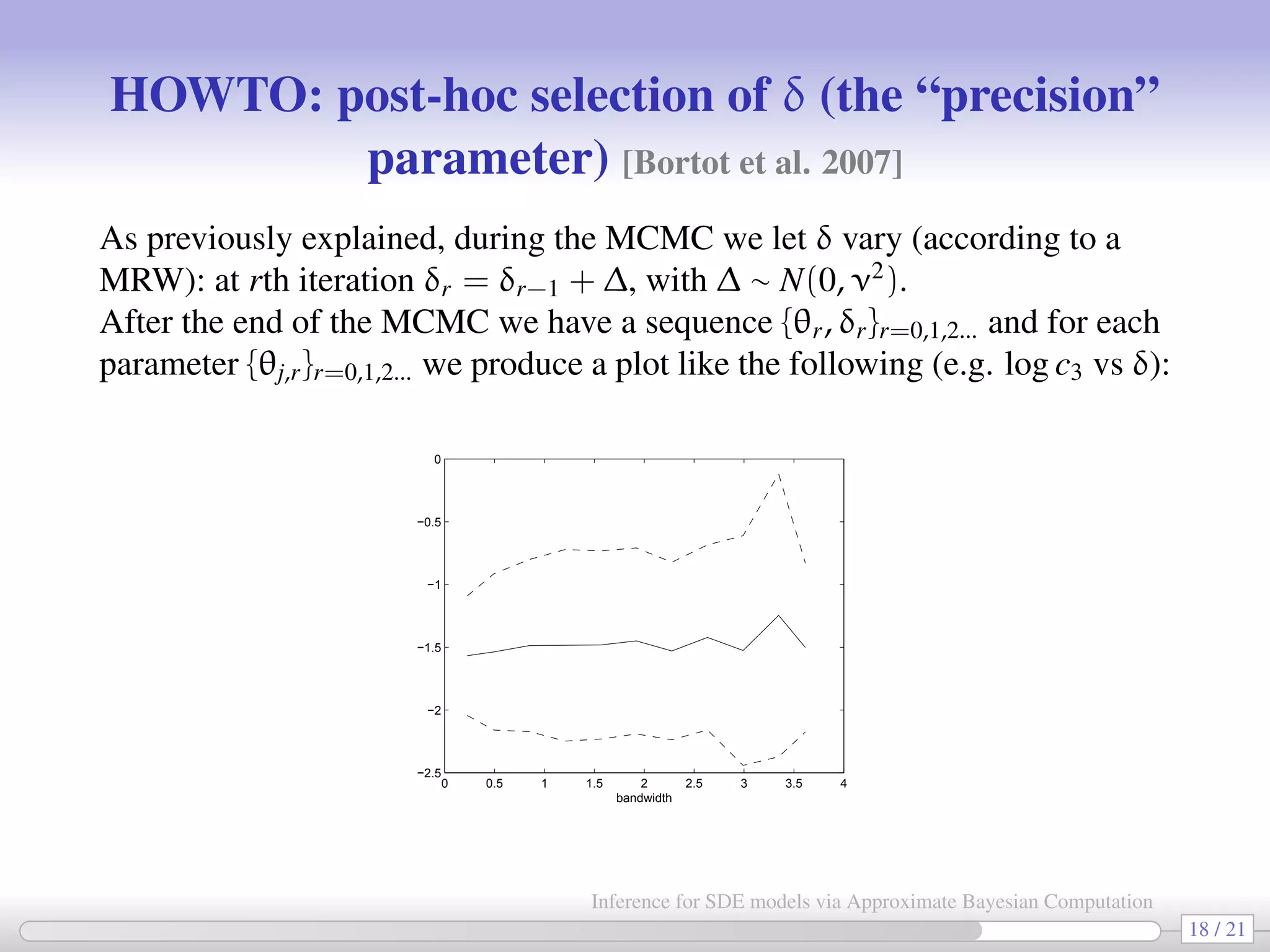 HOWTO: post-hoc selection of δ (the “precision” parameter) [Bortot et al. 2007] As previously explained, during the MCMC we let δ vary (according to a MRW): at rth iteration δr = δr−1 + ∆, with ∆ ∼ N(0, ν2 ). After the end of the MCMC we have a sequence {θr, δr}r=0,1,2... and for each parameter {θj,r}r=0,1,2... we produce a plot like the following (e.g. log c3 vs δ): 0 0.5 1 1.5 2 2.5 3 3.5 4 −2.5 −2 −1.5 −1 −0.5 0 bandwidth 18 / 21 Inference for SDE models via Approximate Bayesian Computation 