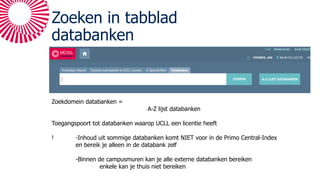 Zoeken in tabblad
databanken
Zoekdomein databanken =
A-Z lijst databanken
Toegangspoort tot databanken waarop UCLL een licentie heeft
! -Inhoud uit sommige databanken komt NIET voor in de Primo Central-Index
en bereik je alleen in de databank zelf
-Binnen de campusmuren kan je alle externe databanken bereiken
enkele kan je thuis niet bereiken
 