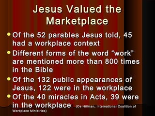 Jesus Valued theJesus Valued the
MarketplaceMarketplace
Of the 52 parables Jesus told, 45Of the 52 parables Jesus told, 45
had a workplace contexthad a workplace context
Different forms of the word “work”Different forms of the word “work”
are mentioned more than 800 timesare mentioned more than 800 times
in the Biblein the Bible
Of the 132 public appearances ofOf the 132 public appearances of
Jesus, 122 were in the workplaceJesus, 122 were in the workplace
Of the 40 miracles in Acts, 39 wereOf the 40 miracles in Acts, 39 were
in the workplacein the workplace (Os Hillman, International Coalition of(Os Hillman, International Coalition of
Workplace Ministries)Workplace Ministries)
 