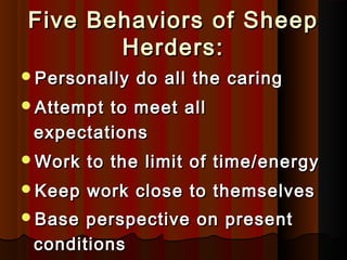 Five Behaviors of SheepFive Behaviors of Sheep
Herders:Herders:
Personally do all the caringPersonally do all the caring
Attempt to meet allAttempt to meet all
expectationsexpectations
Work to the limit of time/energyWork to the limit of time/energy
Keep work close to themselvesKeep work close to themselves
Base perspective on presentBase perspective on present
conditionsconditions
 