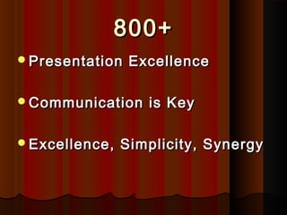 800+800+
Presentation ExcellencePresentation Excellence
Communication is KeyCommunication is Key
Excellence, Simplicity, SynergyExcellence, Simplicity, Synergy
 