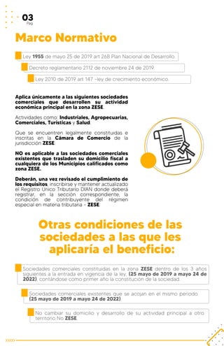 Aplica únicamente a las siguientes sociedades
comerciales que desarrollen su actividad
económica principal en la zona ZESE.
Actividades como: Industriales, Agropecuarias,
Comerciales, Turísticas y Salud.
Que se encuentren legalmente constituidas e
inscritas en la Cámara de Comercio de la
jurisdicción ZESE.
NO es aplicable a las sociedades comerciales
existentes que trasladen su domicilio fiscal a
cualquiera de los Municipios calificados como
zona ZESE.
Deberán, una vez revisado el cumplimiento de
los requisitos, inscribirse y mantener actualizado
el Registro Único Tributario DIAN donde deberá
registrar, en la sección correspondiente, la
condición de contribuyente del régimen
especial en materia tributaria - ZESE.
Sociedades comerciales constituidas en la zona ZESE dentro de los 3 años
siguientes a la entrada en vigencia de la ley, (25 mayo de 2019 a mayo 24 de
2022), contándose como primer año la constitución de la sociedad.
03Pag
Marco Normativo
Otras condiciones de las
sociedades a las que les
aplicaría el beneficio:
Ley 1955 de mayo 25 de 2019 art 268 Plan Nacional de Desarrollo.
Decreto reglamentario 2112 de noviembre 24 de 2019.
Ley 2010 de 2019 art 147 –ley de crecimiento económico.
Sociedades comerciales existentes que se acojan en el mismo período
(25 mayo de 2019 a mayo 24 de 2022).
No cambiar su domicilio y desarrollo de su actividad principal a otro
territorio No ZESE.
 