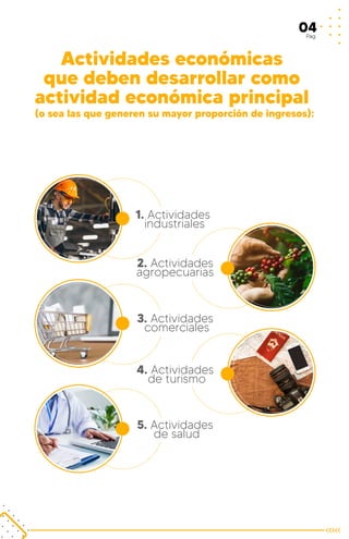 04Pag
Actividades económicas
que deben desarrollar como
actividad económica principal
2. Actividades
agropecuarias
1. Actividades
industriales
3. Actividades
comerciales
5. Actividades
de salud
4. Actividades
de turismo
(o sea las que generen su mayor proporción de ingresos):
 