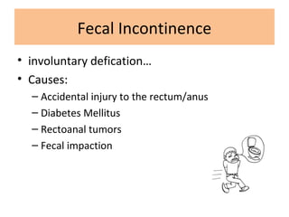 Fecal Incontinence
• involuntary defication…
• Causes:
– Accidental injury to the rectum/anus
– Diabetes Mellitus
– Rectoanal tumors
– Fecal impaction
 