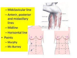 – Midclavicular line
– Anterir, posterior
and midaxillary
lines
– Midline
– Horisontal line
• Points
– Murphy
– Mc-Burney
 