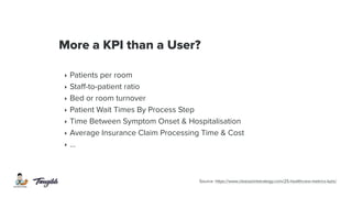 More a KPI than a User?
‣ Patients per room
‣ Staff-to-patient ratio
‣ Bed or room turnover
‣ Patient Wait Times By Process Step
‣ Time Between Symptom Onset & Hospitalisation
‣ Average Insurance Claim Processing Time & Cost
‣ …
Source: https://www.clearpointstrategy.com/25-healthcare-metrics-kpis/
 