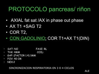 PROTOCOLO pancreas/ riñon AXIAL fat sat /AX in phase out phase AX T1 +SAG T2  COR T2, CON   GADOLINIO :  COR T1+AX T1(DIN) SAT: NO  FASE: RL THK: 4MM  COIL:  GAP: (FACTOR 1.4) 1MM FOV: 40 CM NEX:2 SINCRONIZACION RESPIRATORIA EN 3 O 4 CICLOS ALE 