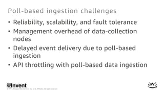 © 2017, Amazon Web Services, Inc. or its Affiliates. All rights reserved.
Poll-based ingestion challenges
• Reliability, s...