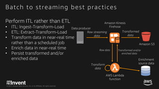 © 2017, Amazon Web Services, Inc. or its Affiliates. All rights reserved.
Batch to streaming best practices
Perform ITL ra...