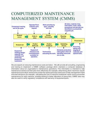 COMPUTERIZED MAINTENANCE
MANAGEMENT SYSTEM (CMMS)
We are experts at reducing maintenance costs and labor. We will provide all consulting, engineering
and training to implement a CMMS software package which maintains a computer database of
information about an organization’s maintenance operations. This information is intended to help
maintenance workers do their jobs more effectively (for example, determining which machines require
maintenance and which storeroomscontain the spare parts theyneed) and to help management make
informed decisions (for example, calculating the cost of machine breakdown repair versus preventive
maintenance for each machine, possibly leading to better allocation of resources). CMMS data may
also be used to verify regulatory compliance and warranty of equipment/parts.
 