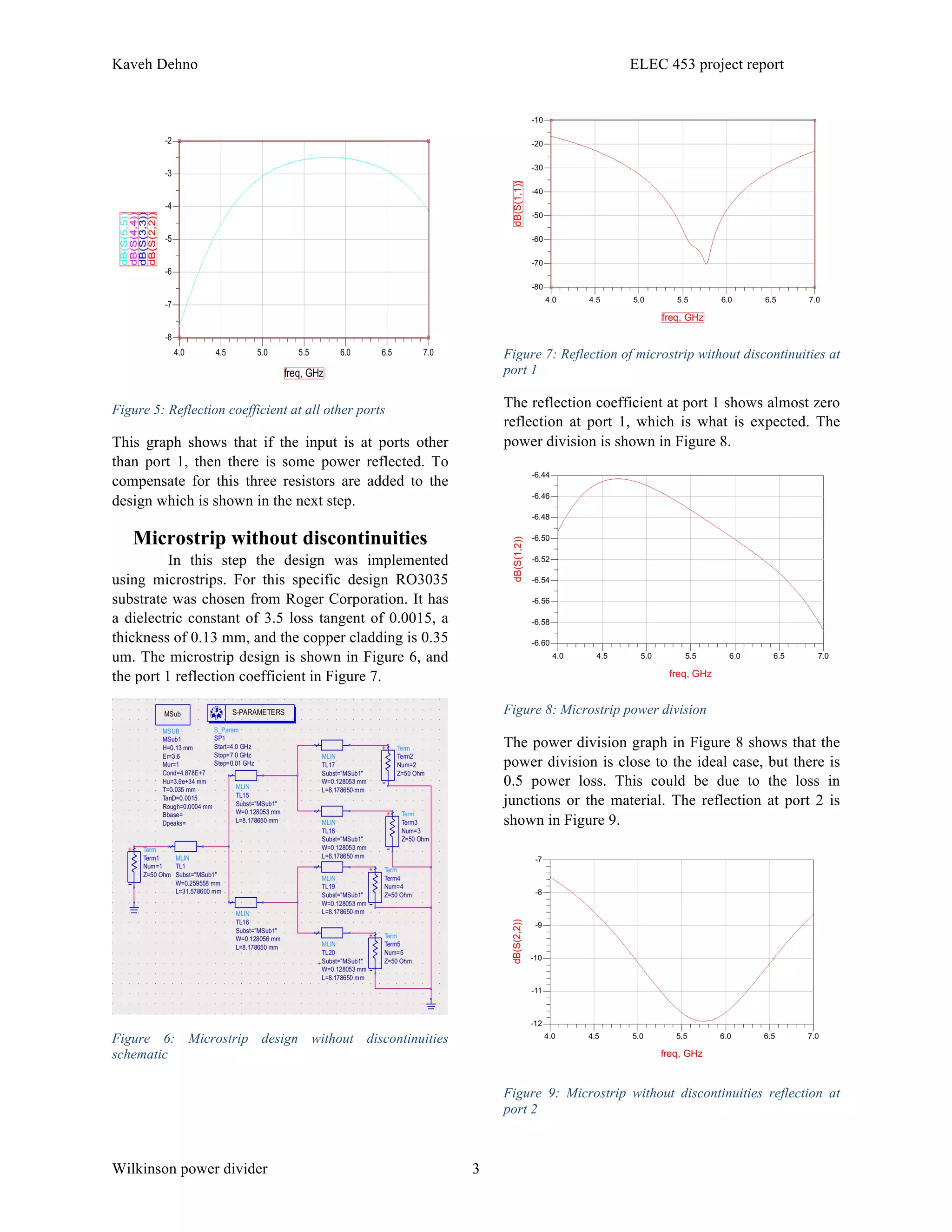 Kaveh Dehno ELEC 453 project report
Wilkinson power divider 3
Figure 5: Reflection coefficient at all other ports
This graph shows that if the input is at ports other
than port 1, then there is some power reflected. To
compensate for this three resistors are added to the
design which is shown in the next step.
Microstrip without discontinuities
In this step the design was implemented
using microstrips. For this specific design RO3035
substrate was chosen from Roger Corporation. It has
a dielectric constant of 3.5 loss tangent of 0.0015, a
thickness of 0.13 mm, and the copper cladding is 0.35
um. The microstrip design is shown in Figure 6, and
the port 1 reflection coefficient in Figure 7.
Figure 6: Microstrip design without discontinuities
schematic
Figure 7: Reflection of microstrip without discontinuities at
port 1
The reflection coefficient at port 1 shows almost zero
reflection at port 1, which is what is expected. The
power division is shown in Figure 8.
Figure 8: Microstrip power division
The power division graph in Figure 8 shows that the
power division is close to the ideal case, but there is
0.5 power loss. This could be due to the loss in
junctions or the material. The reflection at port 2 is
shown in Figure 9.
Figure 9: Microstrip without discontinuities reflection at
port 2
 