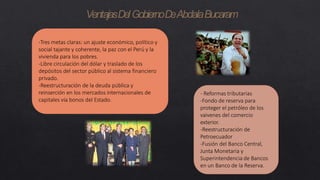 VentajasDelGobiernoDeAbdalaBucaram
-Tres metas claras: un ajuste económico, político y
social tajante y coherente, la paz con el Perú y la
vivienda para los pobres.
-Libre circulación del dólar y traslado de los
depósitos del sector público al sistema financiero
privado.
-Reestructuración de la deuda pública y
reinserción en los mercados internacionales de
capitales vía bonos del Estado.
- Reformas tributarias
-Fondo de reserva para
proteger el petróleo de los
vaivenes del comercio
exterior.
-Reestructuración de
Petroecuador
-Fusión del Banco Central,
Junta Monetaria y
Superintendencia de Bancos
en un Banco de la Reserva.
 