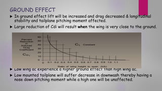 GROUND EFFECT
 In ground effect lift will be increased and drag decreased & longitudinal
stability and tailplane pitching moment affected.
 Large reduction of Cdi will result when the wing is very close to the ground.
 Low wing ac experience a higher ground effect than high wing ac.
 Low mounted tailplane will suffer decrease in downwash thereby having a
nose down pitching moment while a high one will be unaffected.
 