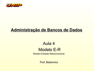 Administração de Bancos de Dados Aula 4 Modelo E-R Modelo Entidade Relacionamento Prof. Belarmino 