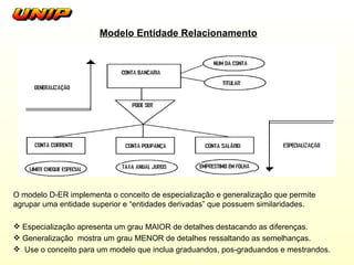 Modelo Entidade Relacionamento O modelo D-ER implementa o conceito de especializaçâo e generalizaçâo que permite agrupar uma entidade superior e “entidades derivadas” que possuem similaridades. Especialização apresenta um grau MAIOR de detalhes destacando as diferenças. Generalizaçâo  mostra um grau MENOR de detalhes ressaltando as semelhanças. Use o conceito para um modelo que inclua graduandos, pos-graduandos e mestrandos.  