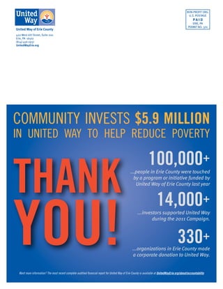 420 West 6th Street, Suite 200
Erie, PA 16507
(814) 456-2937
UnitedWayErie.org
NON-PROFIT ORG.
U.S. POSTAGE
P A I D
ERIE, PA
PERMIT NO. 370
Community Invests $5.9 Million
in United Way To Help Reduce Poverty
Want more information? The most recent complete auditied financial report for United Way of Erie County is available at UnitedWayErie.org/about/accountability
14,000+
330+
100,000+
...investors supported United Way
during the 2011 Campaign.
...people in Erie County were touched
by a program or initiative funded by
United Way of Erie County last year
...organizations in Erie County made
a corporate donation to United Way.
THANK
YOU!
 