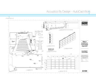 Acoustics By Design - AutoCad Work

sheet layout
       1       2   3   4             5                6   7   8   9                         10                    11       12                             13                     14   15   16




   P




   N




   M                                                                                                                              AMPHITHEATER SECTION WITH EQUIPMENT
                                                                                                                           2       SCALE: 3/16" = 1'-0"




                                                                                    1'-2"
                                                                                    7
                                                                                   68"
   L


                                                                                                        13
                                                                                                   1'-10 "
                                                                                                        16




   K                                                                                                    13
                                                                                                   1'-10 "
                                                                                                        16


                                                                              7
                                                                          8'-28"                         8'-11"
                                                                                                             4
                                                                                                        13
                                                                                                   1'-10 "
                                                                                                        16


   J
                                                                                                        13
                                                                                                   1'-10 "
                                                                                                        16                                                                                        Bldg 5
                                                                                             55"
                                                                                                                                                                                                Auditorium
                                                                                                                                                                                                Technology
                                                                                             16
   H



                                                                      3
                                                                             VIDEO WALL SECTION
                                                                             SCALE: 1/2" = 1'-0"                                                                                                 Upgrades
   G                                                                                                                                                           VIDEO WALL ISOMETRIC
                                                                                                                                                          5    SCALE: NO SCALE




                                                                      4
                                                                             MONITOR WALL STATISTICS                                                                                            EQUIPMENT
                                                                                                                                                                                                LOCATIONS
   F                                                                         NO SCALE




   E




                                                                                                                                                                                                TGH
   D
                                                                                                                                                                                                TGH, SS   04-08-2010

                                                                                                                                                                                                TGH, SS




   C




   B




                               EQUIPMENT PLAN
                           1
                                                                                                                                                                                                 AV300
                               SCALE: 3/16" = 1'-0"
   A
                                                                                                                               VIDEO WALL FRONT VIEW
                                                                                                                       6       SCALE: 1/2" = 1'-0"



       1       2   3   4             5                6   7   8   9                         10                    11       12                             13                     14   15   16
 