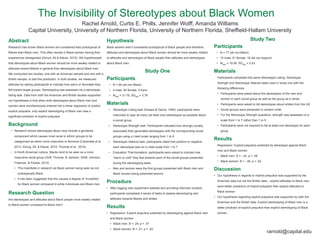 Rachel Arnold, Curtis E. Phills, Jennifer Wolff, Amanda Williams
Capital University, University of Northern Florida, University of Northern Florida, Sheffield-Hallam University
Abstract
Research has shown Black women are considered less prototypical of
Blacks than Black men. This often results in Black women having their
experiences disregarded (Schud, Alt & Klauer, 2015). We hypothesized
that stereotypes about Black women should be more weakly related to
attitudes toward Blacks in general than stereotypes about Black men.
We conducted two studies, one with an American sample and one with a
British sample, to test this prediction. In both studies, we measured
attitudes by asking participants to indicate how warm or favorable they
felt toward target groups. Stereotyping was assessed via a stereotype-
listing task. Data from both the American and British studies supported
our hypotheses in that when both stereotypes about Black men and
women were simultaneously entered into a linear regression to predict
explicit prejudice, only explicit stereotyping of Black men was a
significant predictor of explicit prejudice
Background
•  Research shows stereotypes about race include a gendered
component which causes most racial or ethnic groups to be
categorized as either more masculine or feminine (Carpinella et al,
2013; Schug, Alt, & Klauer, 2015; Thomas et al., 2014)
•  In North American culture, Blacks tend to be seen as a more
masculine racial group (Goff, Thomas, & Jackson, 2008; Johnson,
Freeman, & Pauker, 2012)
•  This manifests in research as Black women being seen as not
prototypically Black
•  It has been suggested that this causes a degree of “invisibility”
for Black women compared to white individuals and Black men
Research Question
Are stereotypes and attitudes about Black people more weakly related
to Black women compared to Black men?
Hypothesis
Black women aren’t considered prototypical of Black people and therefore,
attitudes and stereotypes about Black women should be more weakly related
to attitudes and stereotypes of Black people than attitudes and stereotypes
about Black men.
Study One
Participants
•  N = 68 (all non-Black)
•  4 male, 64 female, 0 trans
•  Mage = 21.79, SDage = 3.78
Materials
•  Stereotype Listing task (Essses & Zanna, 1990): participants were
instructed to type as many (at least one) stereotypes as possible about
a social group
•  Stereotype Strength task: Participants indicated how strongly society
associated their generated stereotypes with the corresponding social
groups using a Likert scale ranging from 1 to 9
•  Stereotype Valence task: participants rated how positive or negative
each stereotype was on a Likert scale from 1 to 7
•  Evaluation Thermometers: participants were asked to indicate how
“warm or cold” they feel towards each of the social groups presented
during the stereotyping tasks
•  Men and women were the first groups presented with Black men and
Black women being presented second
Procedure
•  After logging onto experiment website and providing informed consent,
participants completed a series of tasks to assess stereotyping and
attitudes towards Blacks and whites
Results
•  Regression: Explicit prejudice predicted by stereotyping against Black men
and Black women
•  Black men: B = .24, p = .07
•  Black women: B = .01, p = .93
Study Two
Participants
•  N = 77 (all non-Black)
•  10 male, 51 female, 16 did not respond
•  Mage = 19.36, SDage = 2.53
Materials
Participants completed the same Stereotype Listing, Stereotype
Strength and Stereotype Valence tasks used in study one with the
following differences
•  Participants were asked about the stereotypes of the men and
women in each social group as well as the group as a whole
•  Participants were asked to list stereotypes about whites from the UK
•  Social groups were presented in random order
•  For the Stereotype Strength questions, strength was assessed on a
scale from 1 to 7 rather than 1 to 9
•  Participants were not required to list at least one stereotype for each
group
Results
Regression: Explicit prejudice predicted by stereotype against Black
men and Black women
•  Black men: B = -.22, p = .09
•  Black women: B = -.06, p = .63
Discussion
•  Our hypothesis in regards to implicit prejudice was supported by the
American data but not the British data – explicit attitudes to Black men
were better predictors of implicit prejudice than explicit attitudes to
Black women
•  Our hypothesis regarding explicit prejudice was supported by both the
American and the British data. Explicit stereotyping of Black men is a
better predictor of explicit prejudice than explicit stereotyping of Black
women.
The Invisibility of Stereotypes about Black Women
rarnold@capital.edu
 