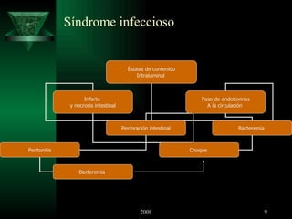 Síndrome infeccioso Éstasis de contenido Intraluminal  Infarto  y necrosis intestinal Paso de endotoxinas A la circulación  Perforación intestinal Bacteremia  Peritonitis Bacteremia  Choque  
