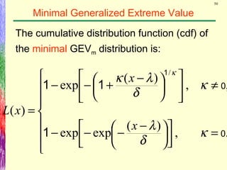 50
Minimal Generalized Extreme Value
The cumulative distribution function (cdf) of
the minimal GEVm distribution is:







=









 −
−−−
≠










 −
+−−
=
.,
)(
expexp
,,
)(
exp
)(
/
0
0
1
11
1
κ
δ
λ
κ
δ
λκ
κ
x
x
xL
 