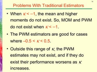 70
Problems With Traditional Estimators
• When κ < −1, the mean and higher
moments do not exist. So, MOM and PWM
do not exist when κ < −1.
• The PWM estimators are good for cases
where –0.5 < κ < 0.5.
• Outside this range of κ, the PWM
estimates may not exist, and if they do
exist their performance worsens as κ
increases.
 