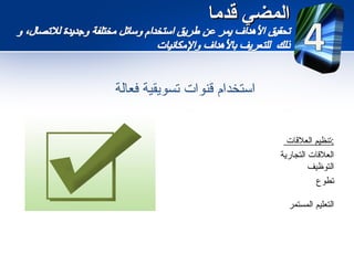 ‫المضي قدما‬


‫استخدام قنوات تسويقية فعالة‬


                                ‫:تنظيم العلقات‬
                              ‫العلقات التجارية‬
                                       ‫التوظيف‬
                                        ‫تطوع‬

                                ‫التعليم المستمر‬
 