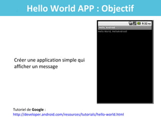 Hello World APP : Objectif

Créer une application simple qui
afficher un message

Tutoriel de Google :
http://developer.android.com/resources/tutorials/hello-world.html

 