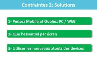 Contraintes 2: Solutions
1- Pensez Mobile et Oubliez PC / WEB
1- Pensez Mobile et Oubliez PC / WEB
2- Que l’essentiel par écran
2- Que l’essentiel par écran
3- Utiliser les nouveaux atouts des devices
3- Utiliser les nouveaux atouts des devices

 