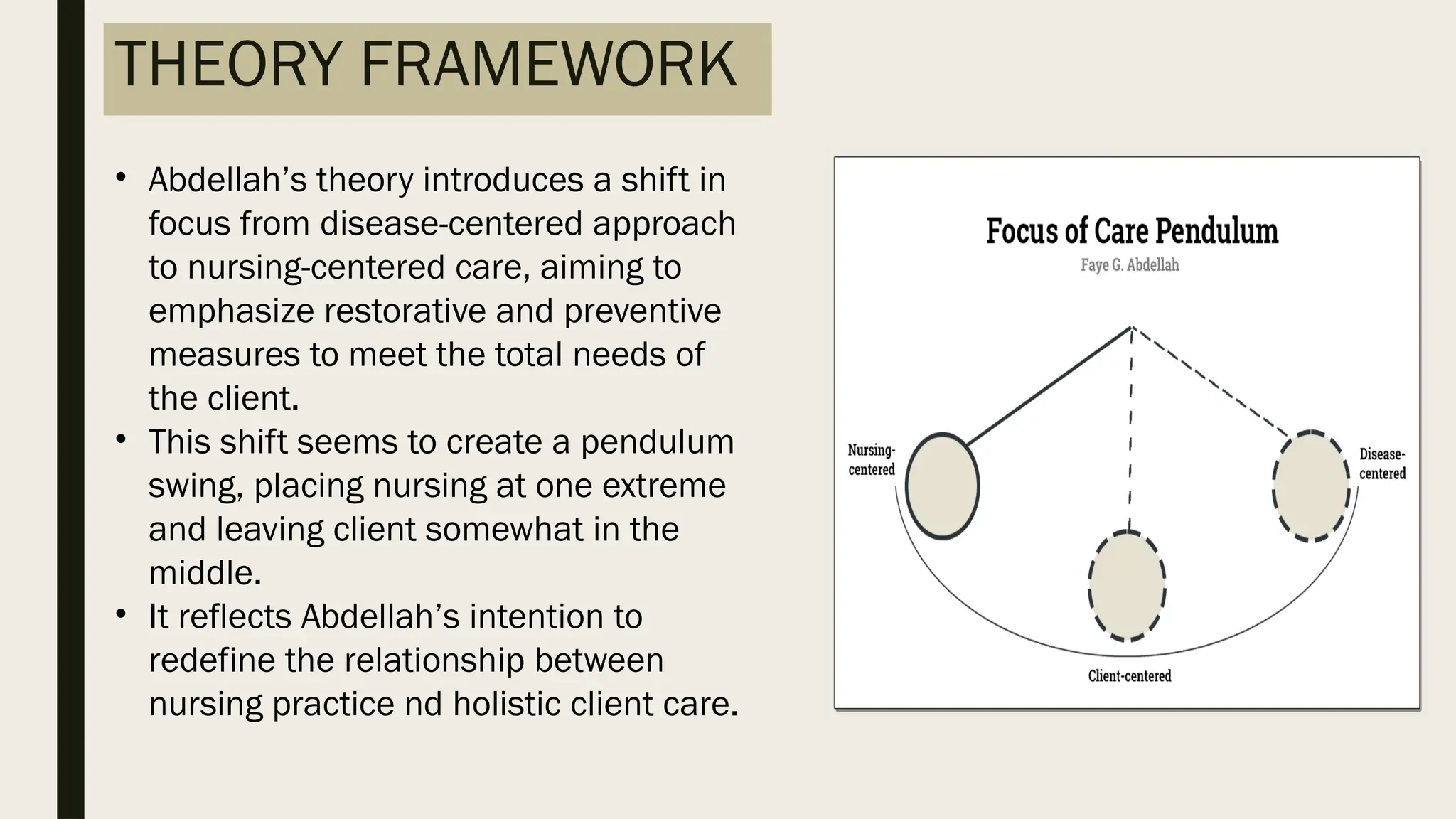 THEORY FRAMEWORK
• Abdellah’s theory introduces a shift in
focus from disease-centered approach
to nursing-centered care, aiming to
emphasize restorative and preventive
measures to meet the total needs of
the client.
• This shift seems to create a pendulum
swing, placing nursing at one extreme
and leaving client somewhat in the
middle.
• It reflects Abdellah’s intention to
redefine the relationship between
nursing practice nd holistic client care.
 