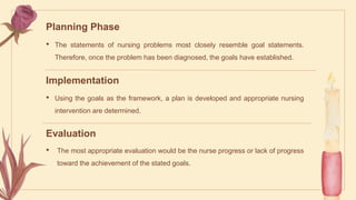 Planning Phase
• The statements of nursing problems most closely resemble goal statements.
Therefore, once the problem has been diagnosed, the goals have established.
Implementation
• Using the goals as the framework, a plan is developed and appropriate nursing
intervention are determined.
Evaluation
• The most appropriate evaluation would be the nurse progress or lack of progress
toward the achievement of the stated goals.
 
