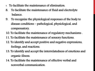 7. To facilitate the maintenance of elimination.
8. To facilitate the maintenance of fluid and electrolyte
balance.
9. To recognize the physiological responses of the body to
disease conditions – pathological, physiological, and
compensatory.
10. To facilitate the maintenance of regulatory mechanisms .
11. To facilitate the maintenance of sensory functions.
12. To identify and accept positive and negative expressions,
feelings, and reactions.
13. To identify and accept the interrelatedness of emotions and
organic illness.
14. To facilitate the maintenance of effective verbal and
nonverbal communication.
 
