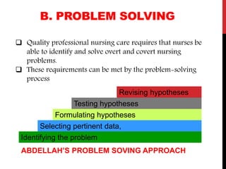 B. PROBLEM SOLVING
Identifying the problem
Selecting pertinent data,
Formulating hypotheses
Testing hypotheses
Revising hypotheses
ABDELLAH’S PROBLEM SOVING APPROACH
 Quality professional nursing care requires that nurses be
able to identify and solve overt and covert nursing
problems.
 These requirements can be met by the problem-solving
process
 