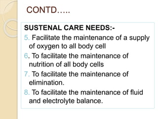 CONTD…..
SUSTENAL CARE NEEDS:-
5. Facilitate the maintenance of a supply
of oxygen to all body cell
6. To facilitate the maintenance of
nutrition of all body cells
7. To facilitate the maintenance of
elimination.
8. To facilitate the maintenance of fluid
and electrolyte balance.
 