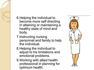 6.Helping the individual to
become more self directing
in attaining or maintaining a
healthy state of mind and
body.
7.Instructing nursing
personnel and family to help
the individual.
8.Helping the individual to
adjust to his limitations and
emotional problems.
9.Working with allied health
professional in planning for
optimum health.
 