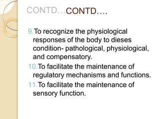 CONTD….
9.To recognize the physiological
responses of the body to dieses
condition- pathological, physiological,
and compensatory.
10.To facilitate the maintenance of
regulatory mechanisms and functions.
11.To facilitate the maintenance of
sensory function.
 