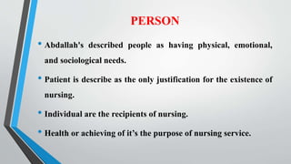 PERSON
• Abdallah's described people as having physical, emotional,
and sociological needs.
• Patient is describe as the only justification for the existence of
nursing.
• Individual are the recipients of nursing.
• Health or achieving of it’s the purpose of nursing service.
 