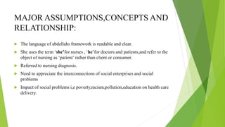 MAJOR ASSUMPTIONS,CONCEPTS AND
RELATIONSHIP:
 The language of abdellahs framework is readable and clear.
 She uses the term ‘she’for nurses , ‘he’for doctors and patients,and refer to the
object of nursing as ‘patient’ rather than client or consumer.
 Referred to nursing diagnosis.
 Need to appreciate the interconnections of social enterprises and social
problems
 Impact of social problems i,e poverty,racism,pollution,education on health care
delivery.
 