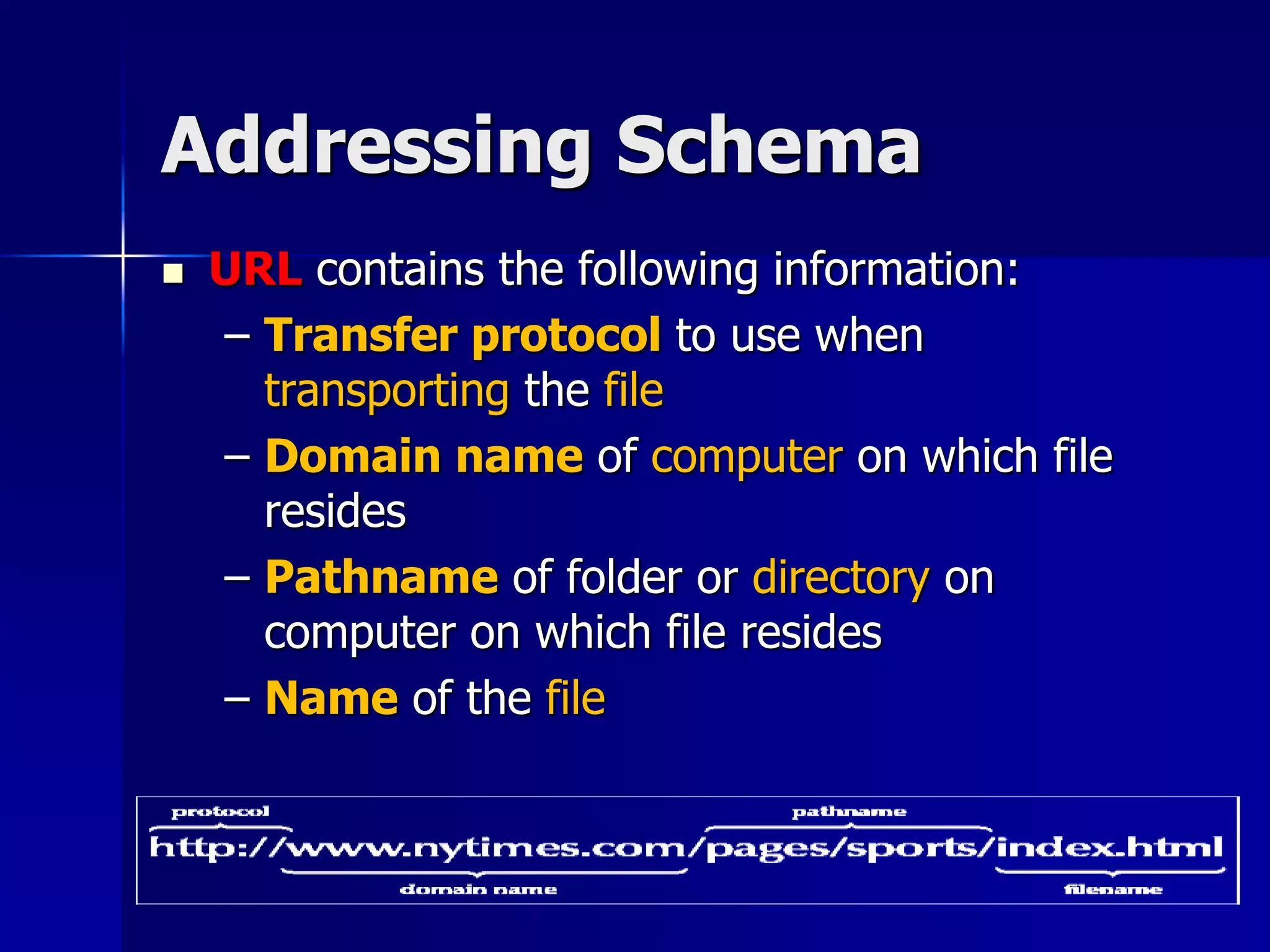 Addressing Schema
 URL contains the following information:
– Transfer protocol to use when
transporting the file
– Domain name of computer on which file
resides
– Pathname of folder or directory on
computer on which file resides
– Name of the file
 