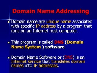Domain Name Addressing
 Domain name are unique name associated
with specific IP address by a program that
runs on an Internet host computer.
 This program is called DNS (Domain
Name System ) software.
 Domain Name Software or (DNS) is an
Internet service that translates domain
names into IP addresses.
 