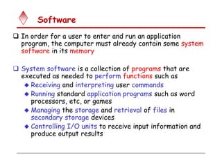 Software
 In order for a user to enter and run an application
program, the computer must already contain some system
software in its memory
 System software is a collection of programs that are
executed as needed to perform functions such as
 Receiving and interpreting user commands
 Running standard application programs such as word
processors, etc, or games
 Managing the storage and retrieval of files in
secondary storage devices
 Controlling I/O units to receive input information and
produce output results
 