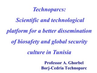 Technoparcs:
   Scientific and technological
platform for a better dissemination
 of biosafety and global security
        culture in Tunisia
               Professor A. Ghorbel
              Borj-Cedria Technoparc
 