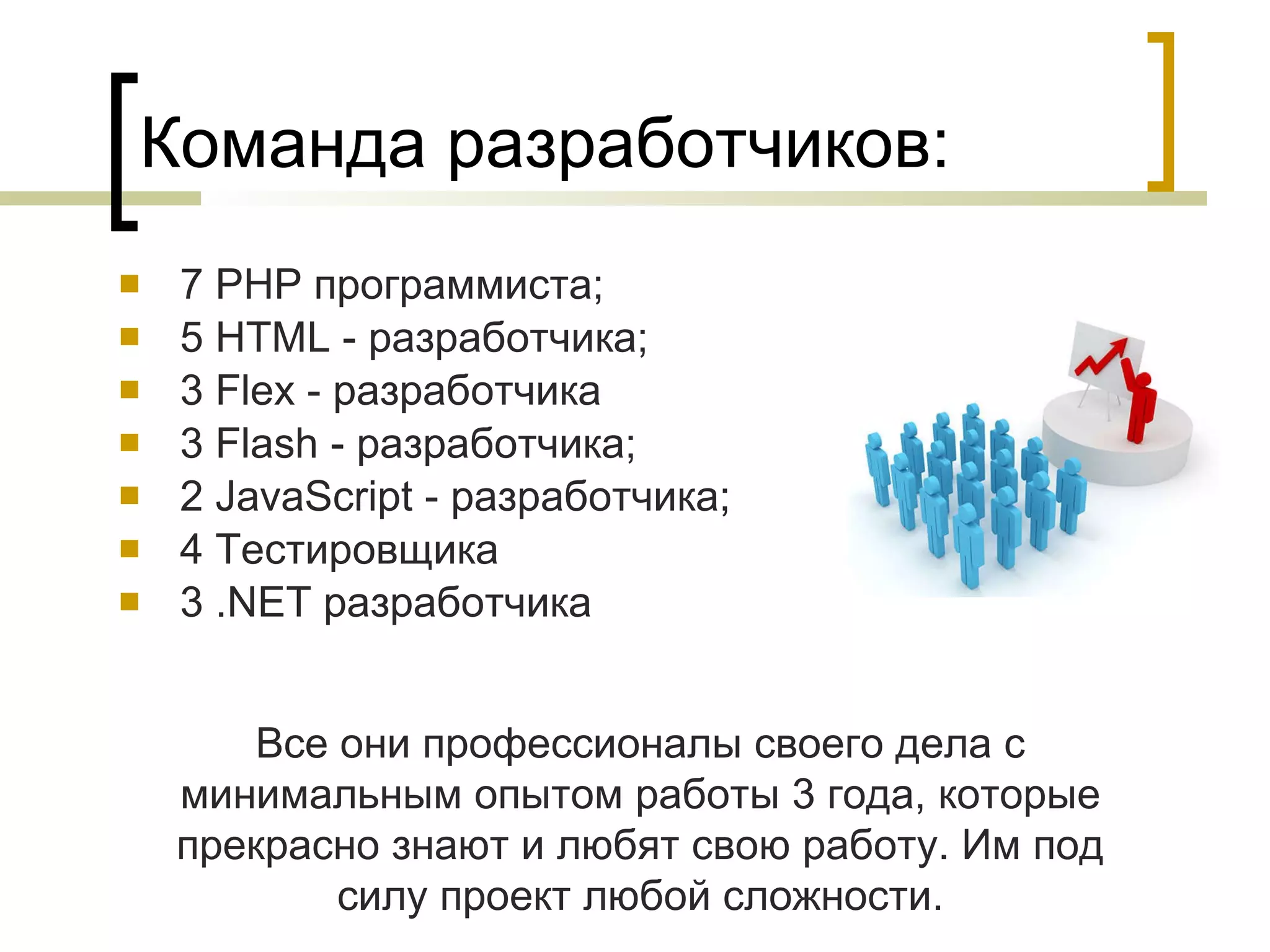 Команда разработчиков: 7  PHP  программиста; 5  HTML  - разработчика; 3  Flex  - разработчика 3  Flash  - разработчика; 2  JavaScript  - разработчика; 4 Тестировщика 3  . NET  разработчика Все они профессионалы своего дела с минимальным опытом работы 3 года, которые прекрасно знают и любят свою работу. Им под силу проект любой сложности. 
