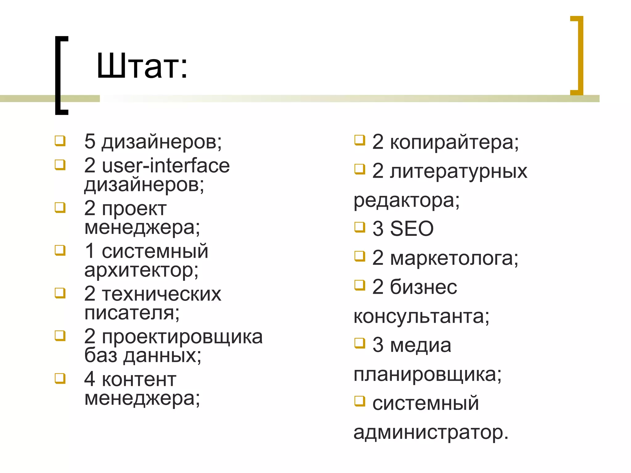 Штат: 5 дизайнеров; 2  user-interface  дизайнеров; 2 проект менеджера; 1 системный архитектор; 2 технических писателя; 2 проектировщика баз данных; 4 контент менеджера; 2 копирайтера; 2 литературных редактора; 3  SEO 2 маркетолога; 2 бизнес консультанта; 3 медиа планировщика; системный администратор. 