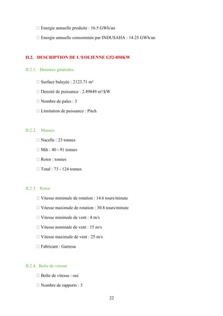 22
Energie annuelle produite : 16.5 GWh/an
Energie annuelle consommée par INDUSAHA : 14.25 GWh/an
II.2. DESCRIPTION DE L‘EOLIENNE G52-850KW
II.2.1. Données générales
Surface balayée : 2123.71 m²
Densité de puissance : 2.49849 m²/kW
Nombre de pales : 3
Limitation de puissance : Pitch
II.2.2. Masses
Nacelle : 23 tonnes
Mât : 40 - 91 tonnes
Rotor : tonnes
Total : 73 - 124 tonnes
II.2.3. Rotor
Vitesse minimale de rotation : 14.6 tours/minute
Vitesse maximale de rotation : 30.8 tours/minute
Vitesse minimale de vent : 4 m/s
Vitesse nominale de vent : 15 m/s
Vitesse maximale de vent : 25 m/s
Fabricant : Gamesa
II.2.4. Boîte de vitesse
Boîte de vitesse : oui
Nombre de rapports : 3
 