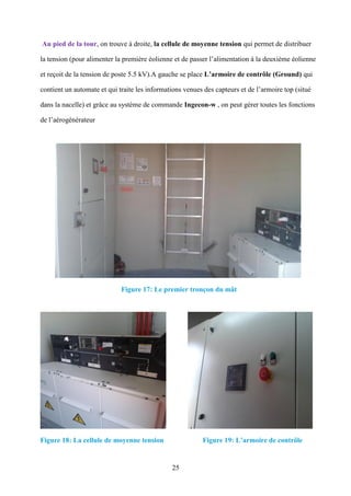 25
Au pied de la tour, on trouve à droite, la cellule de moyenne tension qui permet de distribuer
la tension (pour alimenter la première éolienne et de passer l’alimentation à la deuxième éolienne
et reçoit de la tension de poste 5.5 kV).A gauche se place L’armoire de contrôle (Ground) qui
contient un automate et qui traite les informations venues des capteurs et de l’armoire top (situé
dans la nacelle) et grâce au système de commande Ingecon-w , on peut gérer toutes les fonctions
de l’aérogénérateur
Figure 17: Le premier tronçon du mât
Figure 18: La cellule de moyenne tension Figure 19: L’armoire de contrôle
 