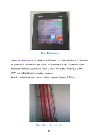 26
Figure 20: Ingecon-w
Au sein du second tronçon, on trouve un transformateur. Lors d’une tension de 690V provenant
du générateur, le transformateur joue le rôle d’un élévateur (690V 6KV). Cependant, il peut
fonctionner comme un réducteur pour réduire la tension provenant du poste 60KV (5.5KV
690V) pour établir le fonctionnement du générateur.
Dans le troisième tronçon se trouvent les câbles tripolaires (section : 3*70 mm^2).
Figure 21: Les câbles tripolaires
 