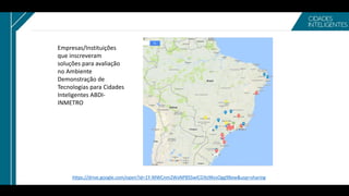https://drive.google.com/open?id=1Y-MWCnm2WxNPBSSwlCGYo9KvsOgg9Bew&usp=sharing
Empresas/Instituições
que inscreveram
soluções para avaliação
no Ambiente
Demonstração de
Tecnologias para Cidades
Inteligentes ABDI-
INMETRO
 