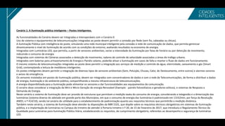Cenário 1: A iluminação pública inteligente – Postes Inteligentes.
As funcionalidades do Cenário devem ser Integradas e Interoperáveis com o Cenário 0.
Uso de sistema e equipamentos de telecomunicações integradas ao poste devem permitir a conexão por Rede (sem fio, cabeadas ou óticas).
A iluminação Pública com inteligência do poste, simulando uma rede municipal inteligente pela conexão à rede de comunicação de dados, que permita gerenciar
dinamicamente o nível de iluminação de acordo com as condições do entorno, avaliando resultados na economia de energia.
Integradas com Luminárias LED, que permita, a partir de sensores ambientais, variar a intensidade da iluminação por faixa de horário ou por detecção de movimento,
reduzindo o consumo de energia.
Integradas com sistemas de Câmeras associados a detecção de movimento, radares de controle de velocidade associados a áreas de trafego urbano.
Integrados com baterias para armazenamento de Energia e Painéis solares, poderão ativar a iluminação em casos de falta e manter o fluxo de dados em funcionamento.
O mesmo sistema de telecomunicações integradas ao poste deve permitir a integração aos serviços de medição e controle de água, eletricidade, saneamento e gás (Smart
Grid), contemplando a leitura de medidores inteligentes.
Os postes inteligentes devem permitir a integração de diversos tipos de sensores ambientais (Som, Poluição, Chuvas, Calor, de Deslocamento, entre outros) e alarmes sonoros
e avisos de emergência.
Os sensores instalados em postes de iluminação pública, devem ser integrados com concentradores de dados e com a rede de Telecomunicações, de forma a distribuir a dados
de energia, Iluminação e do ambiente público, compartilhando a mesma infraestrutura de telecomunicações.
A energia disponibilizada para a iluminação pode alimentar os sensores e dar funcionalidades aos equipamentos de comunicação.
O cenário deve considerar a integração da Mini e Micro Geração de energia Renovável (Exemplo - painéis fotovoltaicos e geradores eólicos), e sistemas de Resposta a
Demanda de Energia.
Neste cenário o sistema de Iluminação deve ser provido de estruturas que permitam a medição exata do consumo de energia, considerando a telegestão e a dimerização das
luminárias (sistema diverso do adotado em grande parte dos Municípios, em que o consumo de energia das luminárias é padronizado em 11h52min, por força da Resolução
ANEEL n.º 414/10), sendo tal cenário de utilidade para o estabelecimento de padronização quanto aos requisitos técnicos que permitirão a medição dinâmica.
Também neste cenário, o sistema de Iluminação deve atender às disposições da NBR 5101, que dispõe sobre os requisitos técnicos obrigatórios em sistemas de iluminação
pública, e a implantação de luminárias no Campus do Inmetro de atender à Portaria Inmetro n.º 20, de 15 de Fevereiro de 2017, que introduziu o Regulamento Técnico da
Qualidade para Luminárias para Iluminação Pública Viária, estabelecendo os requisitos, de cumprimento obrigatório, referentes ao desempenho e segurança de luminárias
LED.
 