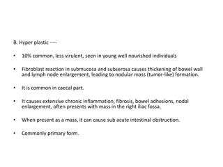 B. Hyper plastic ----
• 10% common, less virulent, seen in young well nourished individuals
• Fibroblast reaction in submucosa and subserosa causes thickening of bowel wall
and lymph node enlargement, leading to nodular mass (tumor-like) formation.
• It is common in caecal part.
• It causes extensive chronic inflammation, fibrosis, bowel adhesions, nodal
enlargement, often presents with mass in the right iliac fossa.
• When present as a mass, it can cause sub acute intestinal obstruction.
• Commonly primary form.
 